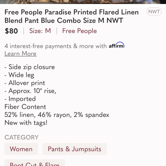 New: Free People + Dolls Kill Paisley Pants. Size Medium - Picture 15 of 16